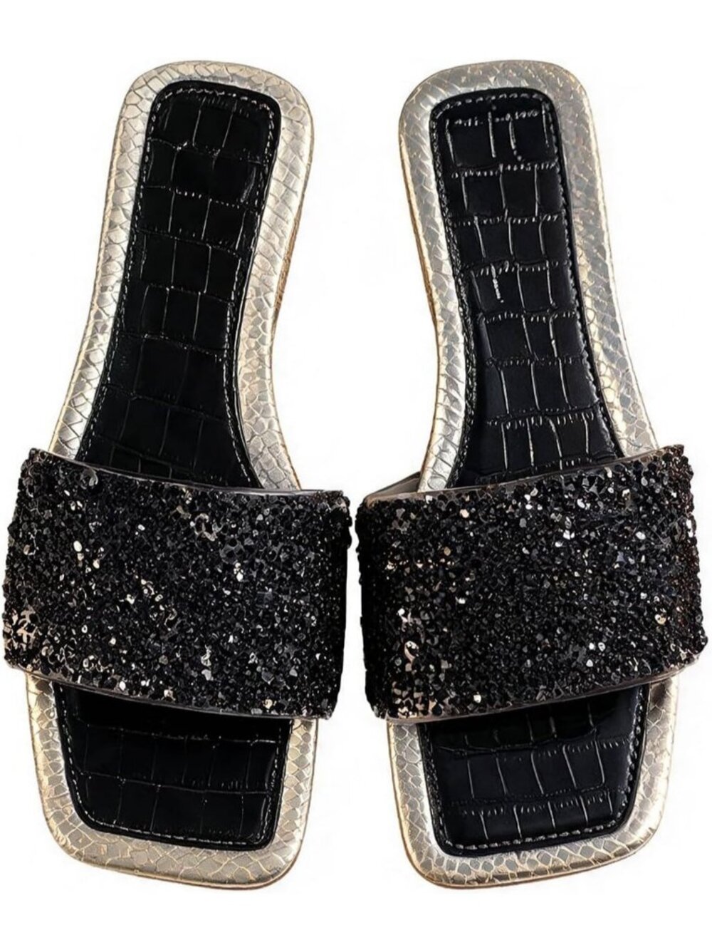 Women's Black Summer Sparkly Rhinestone Bling Colorful Square Toe Flats